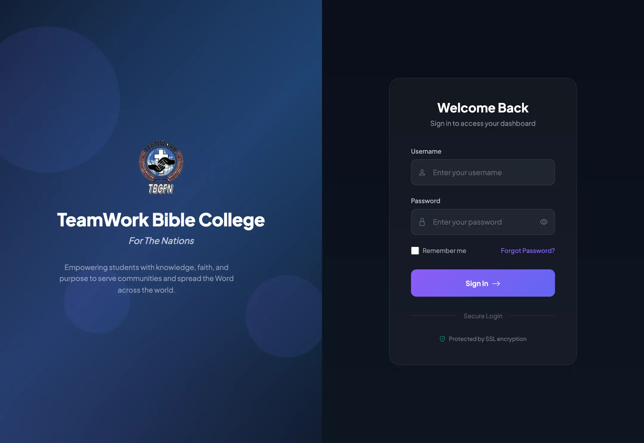 The TeamWork Bible College website, built by ZTDEV Studios